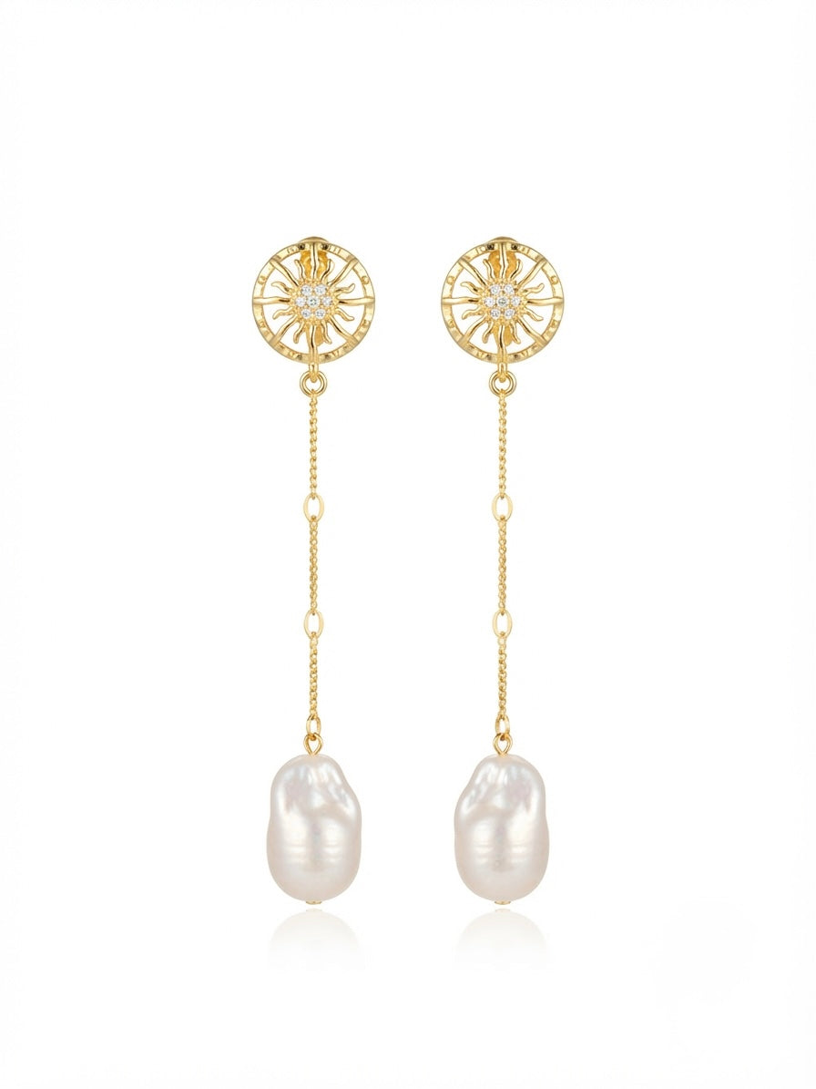 pendientes largos de perla barroca con baño de oro hechos a mano