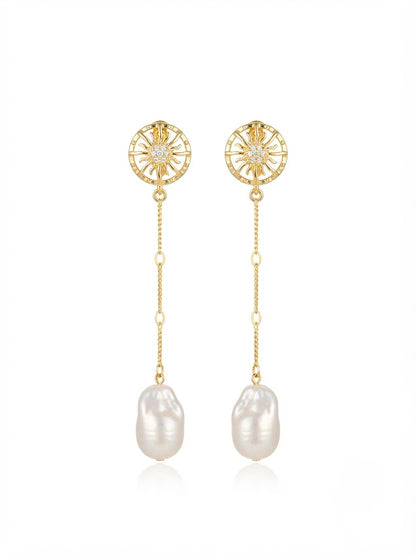 pendientes largos de perla barroca con baño de oro hechos a mano