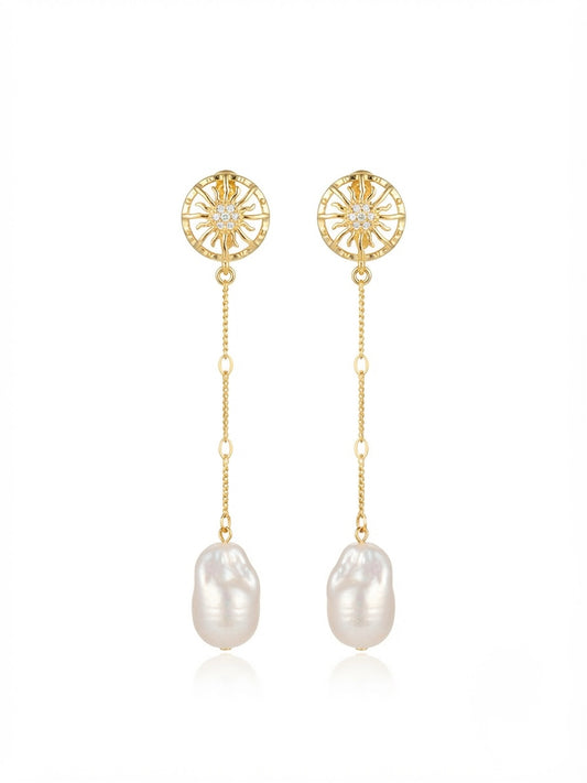 pendientes largos de perla barroca con baño de oro hechos a mano